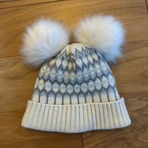 Cozy Knit Pom-Pom Hat for Kids - cream and silver